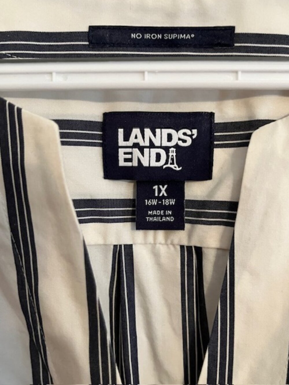 LANDS' END NAVY BLUE & WHITE STRIPED TUNIC, 1X, LS, NO-IRON COTTON; LIKE NEW! - Picture 2 of 3
